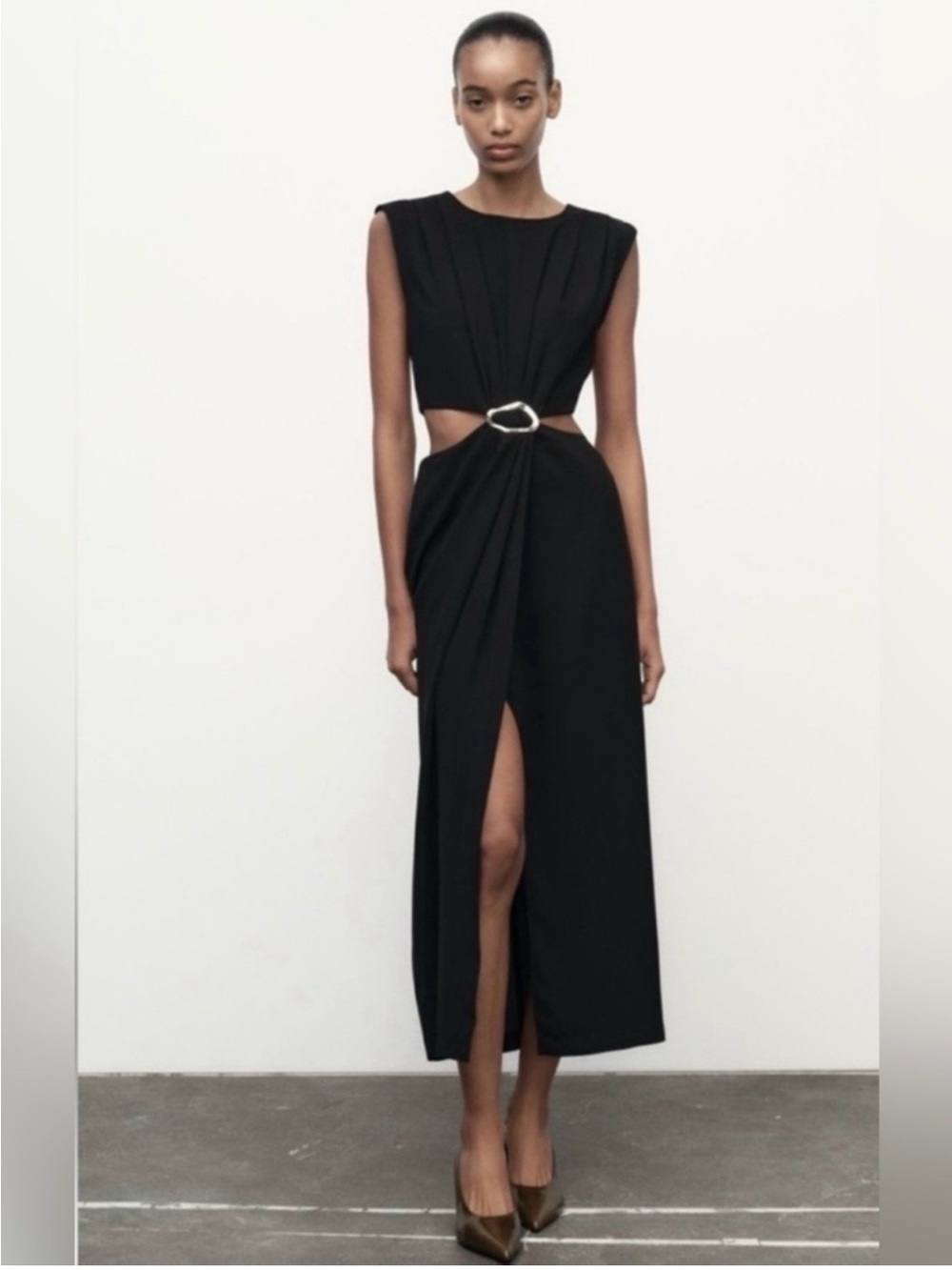 Zara Sleeveless Black Cutout Midi Dress with Front Slit
